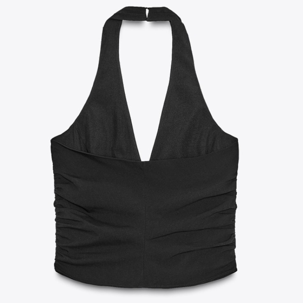 NWT Zara Black Deep V Halter Button Crop Top - Picture 2 of 4